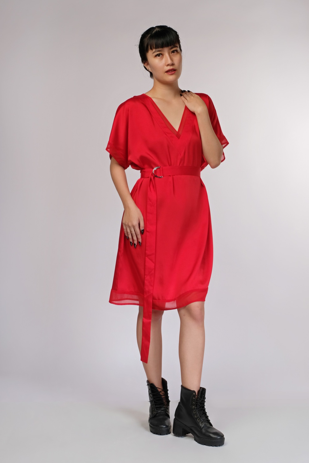 Red Satin Shift Double V-Neck Belted Dress