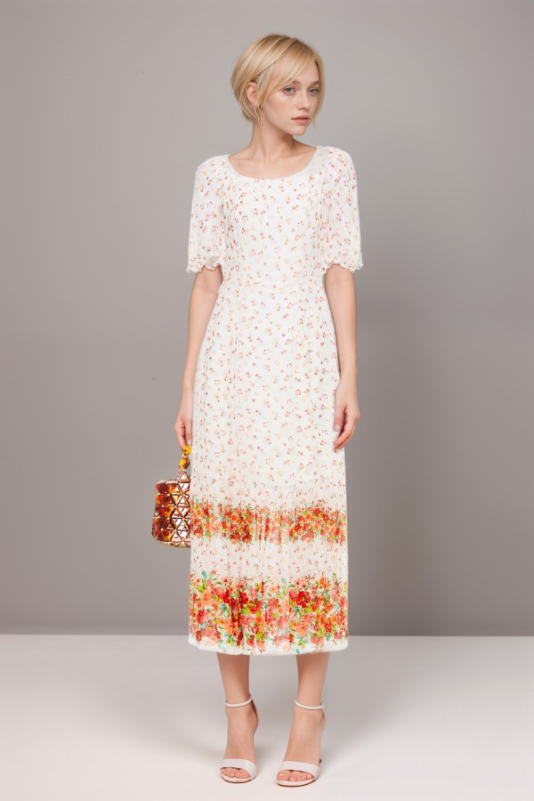 Mary Gathered Floral Print Georgette Midi Dress