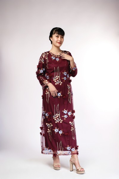 Embroidery Flower Maroon Tulle Dress