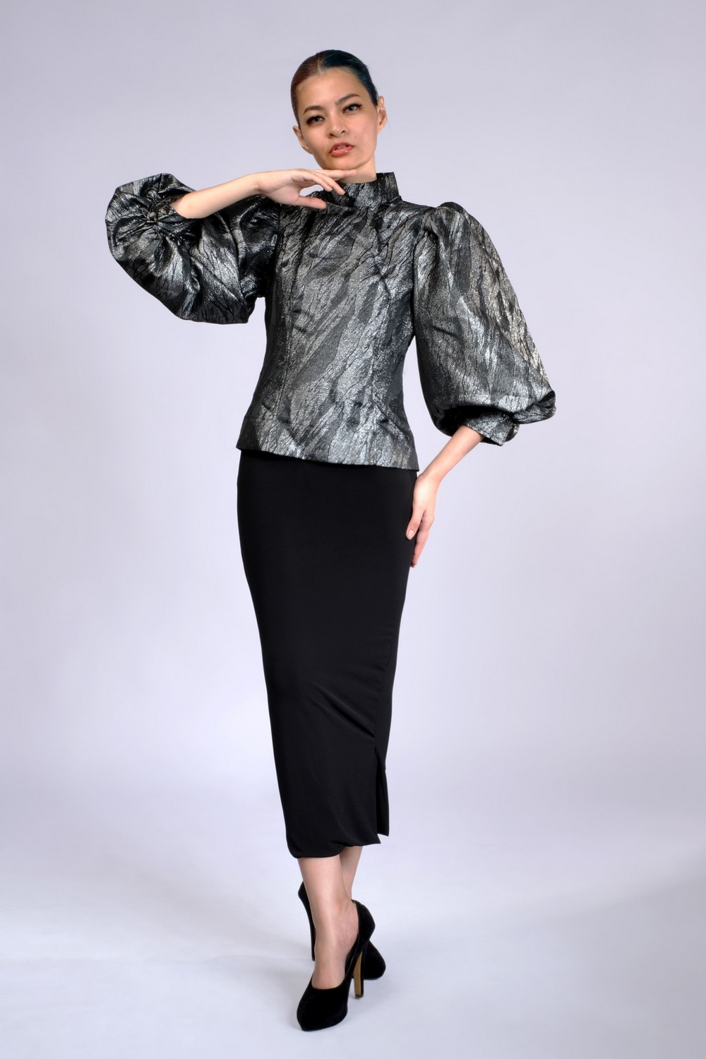 Gathered Metallic Jacquard Blouse