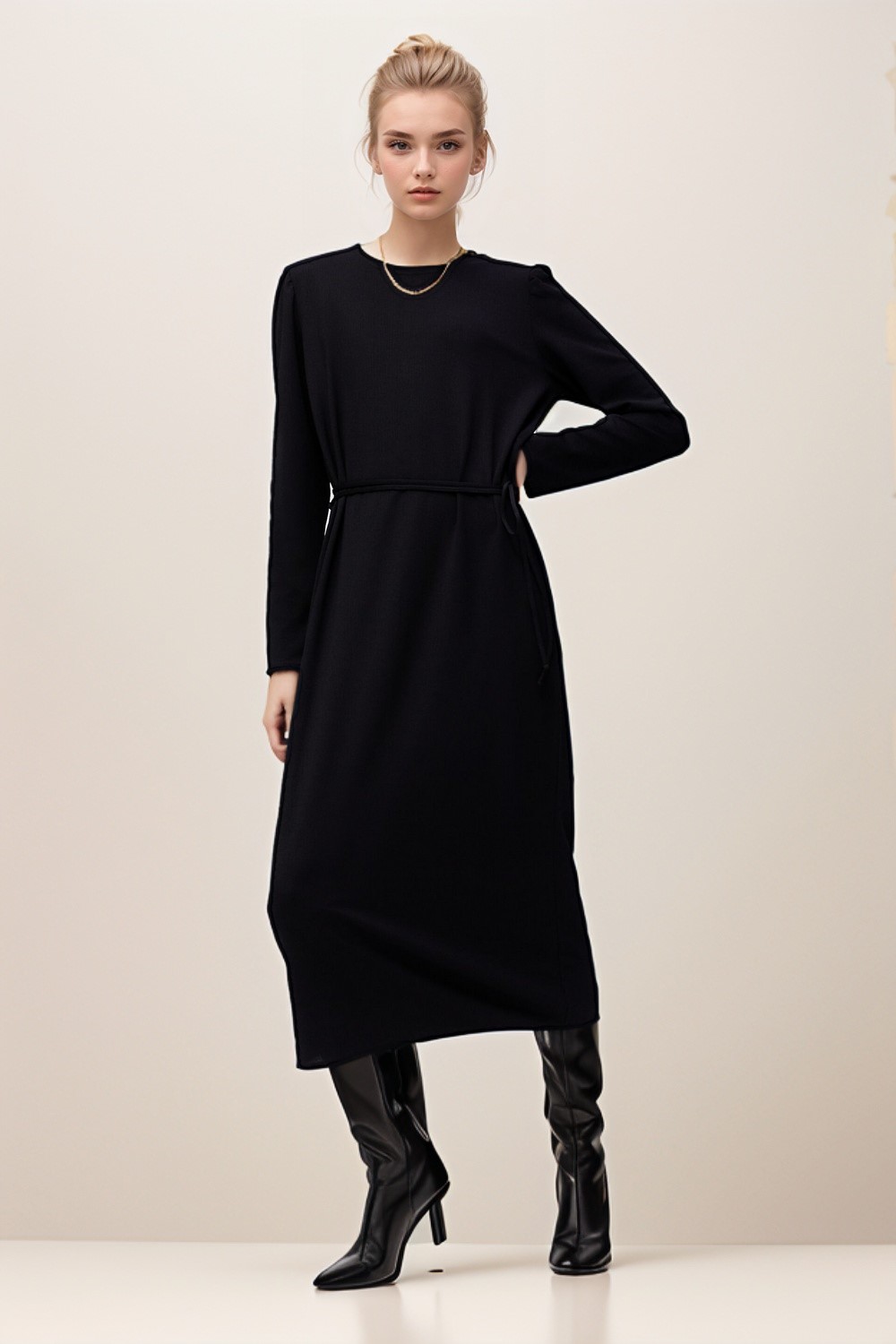 Belted Midi Dress Black