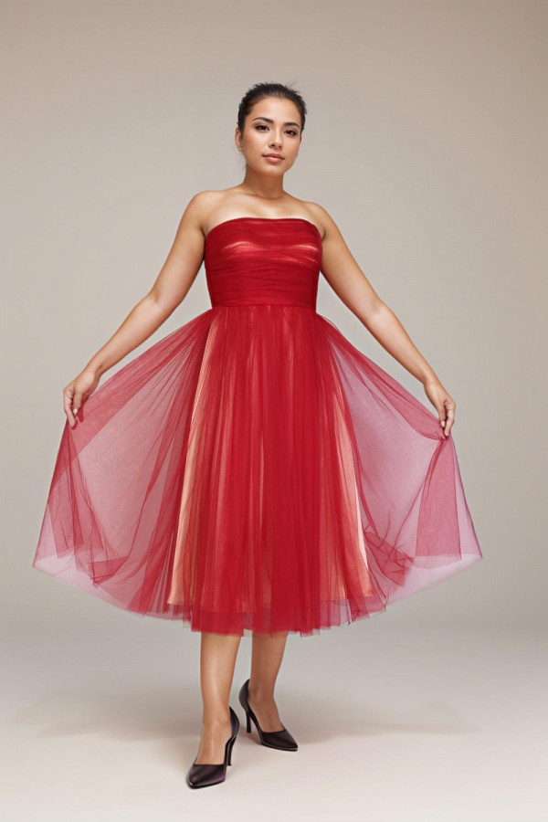 Strapless Dress with Draped Tulle Overlay