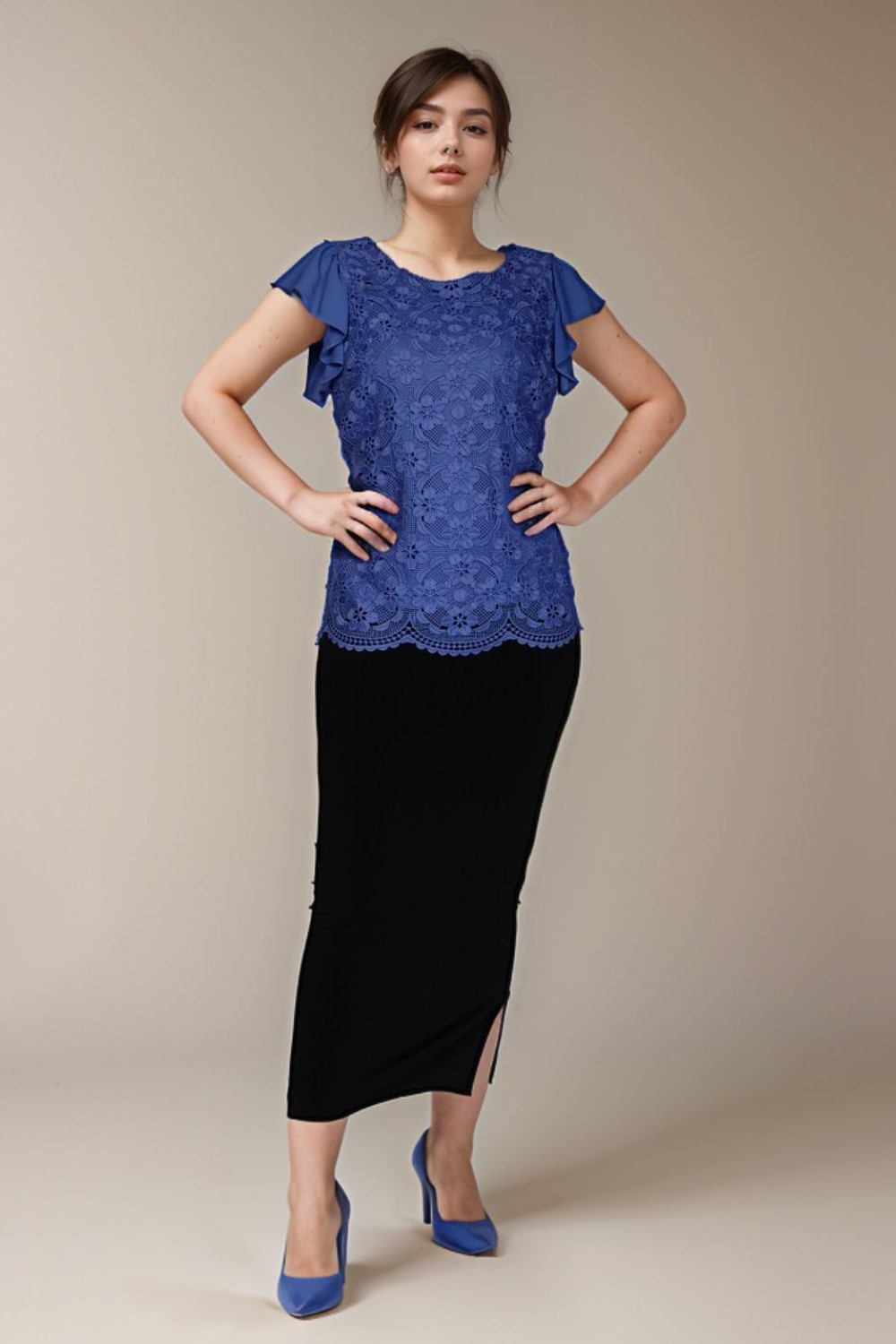 Croched Front Lace Shirt Overlayed Blue Woman