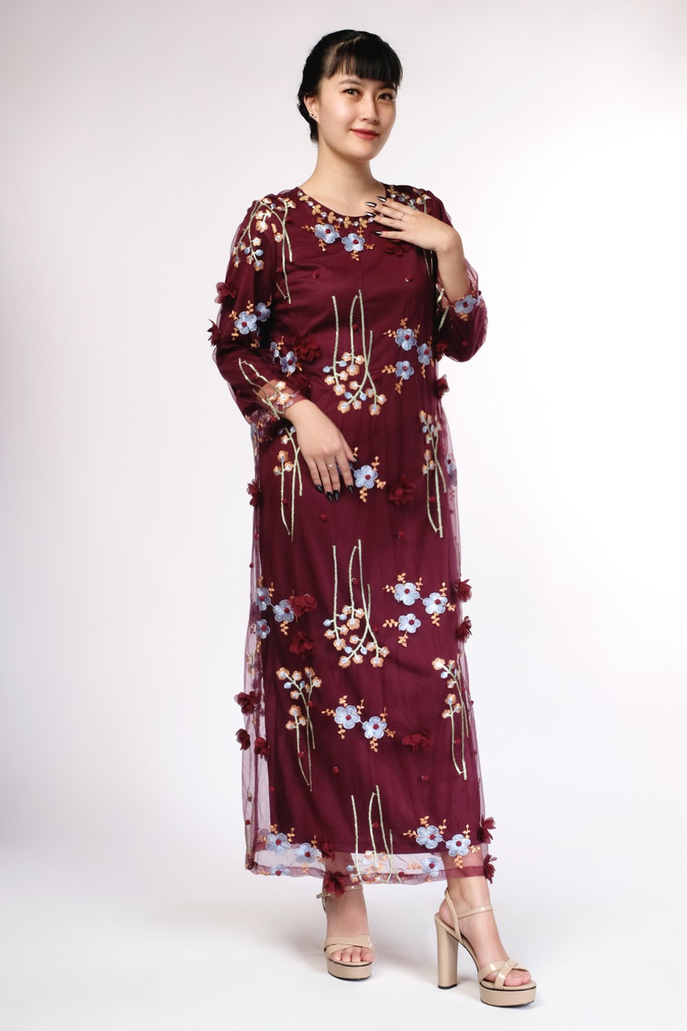 Embroidery Flower Maroon Tulle Dress