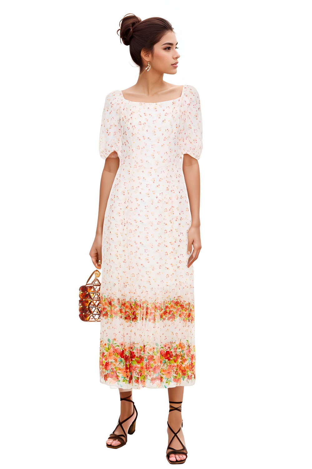 Mary Gathered Floral Print Georgette Midi Dress