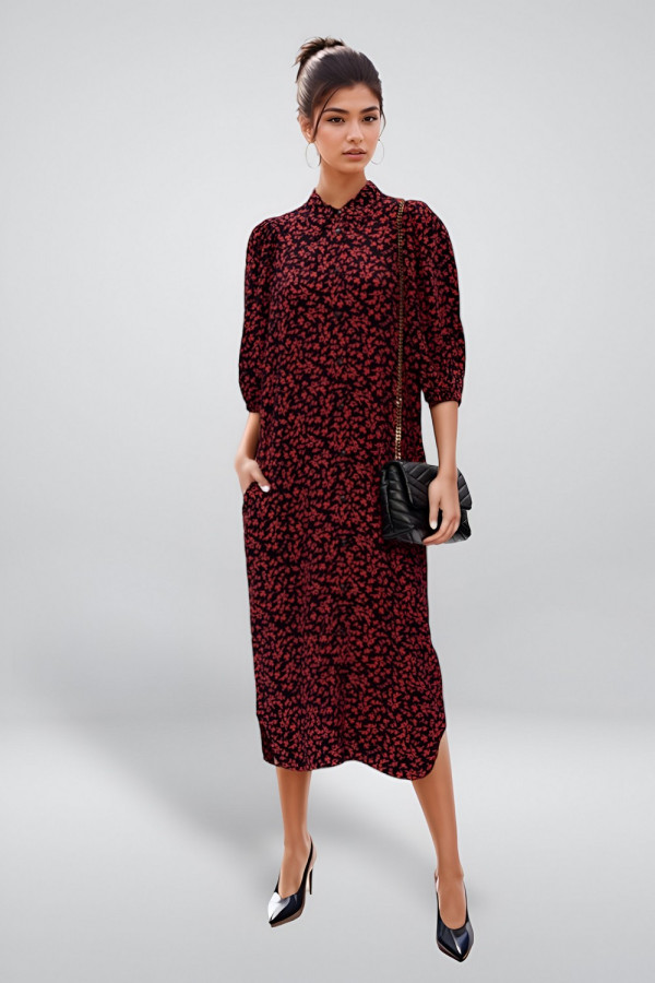 Gathered Printed Crepe Midi Shirt Dress