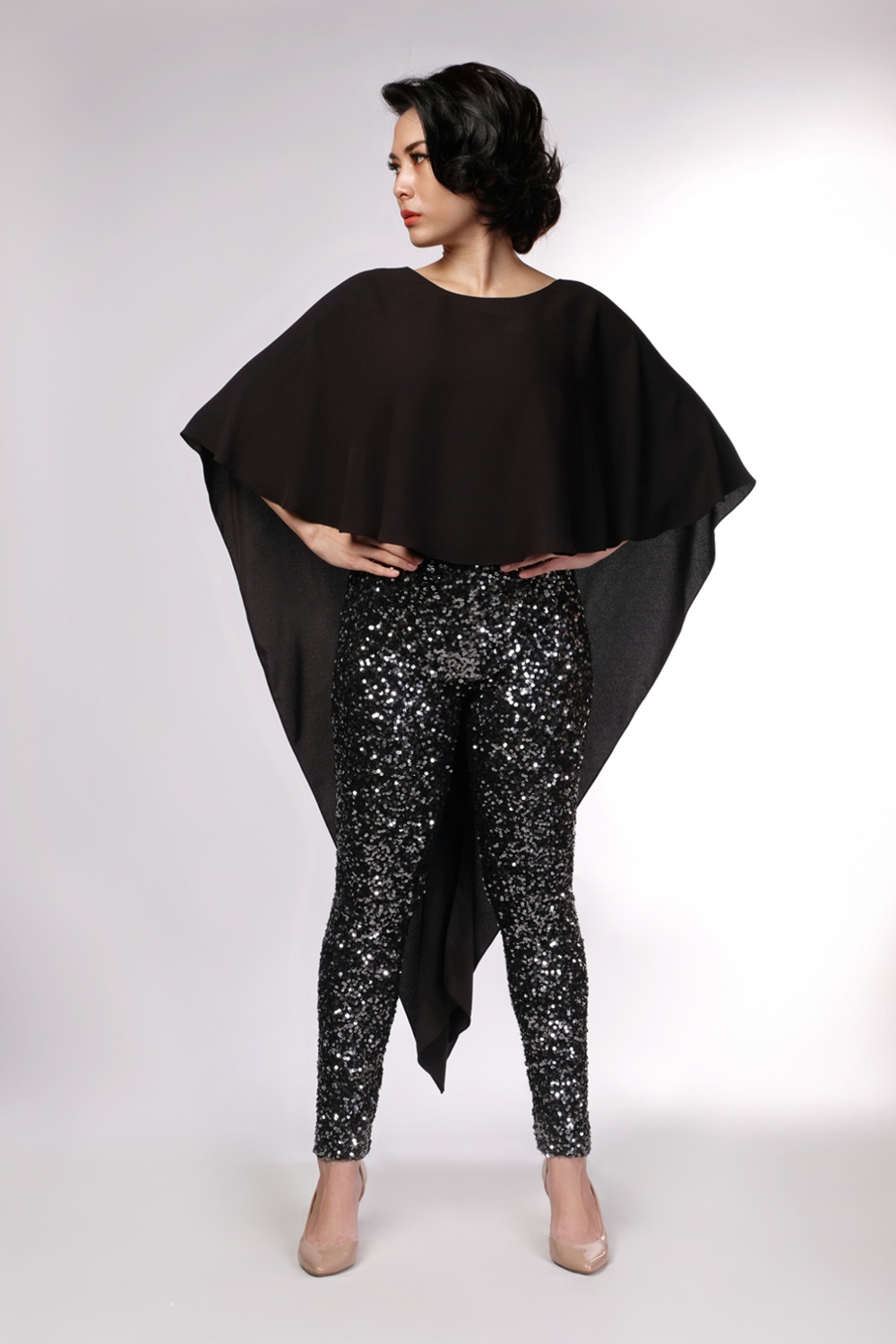 Sequined Cape Sleeves Jumpsuit Black