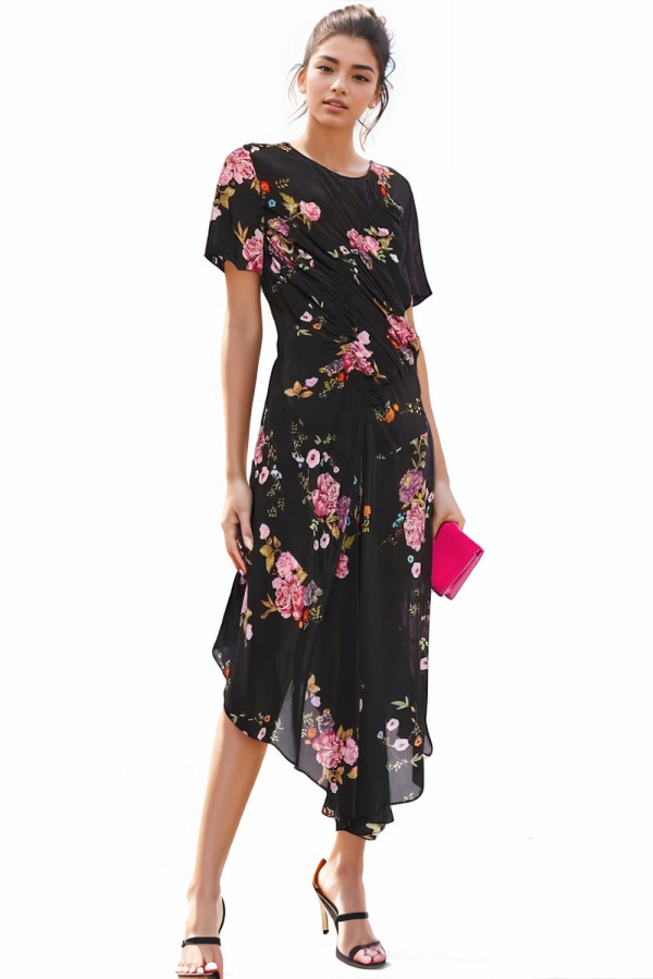 Gathered Flora Black Dress