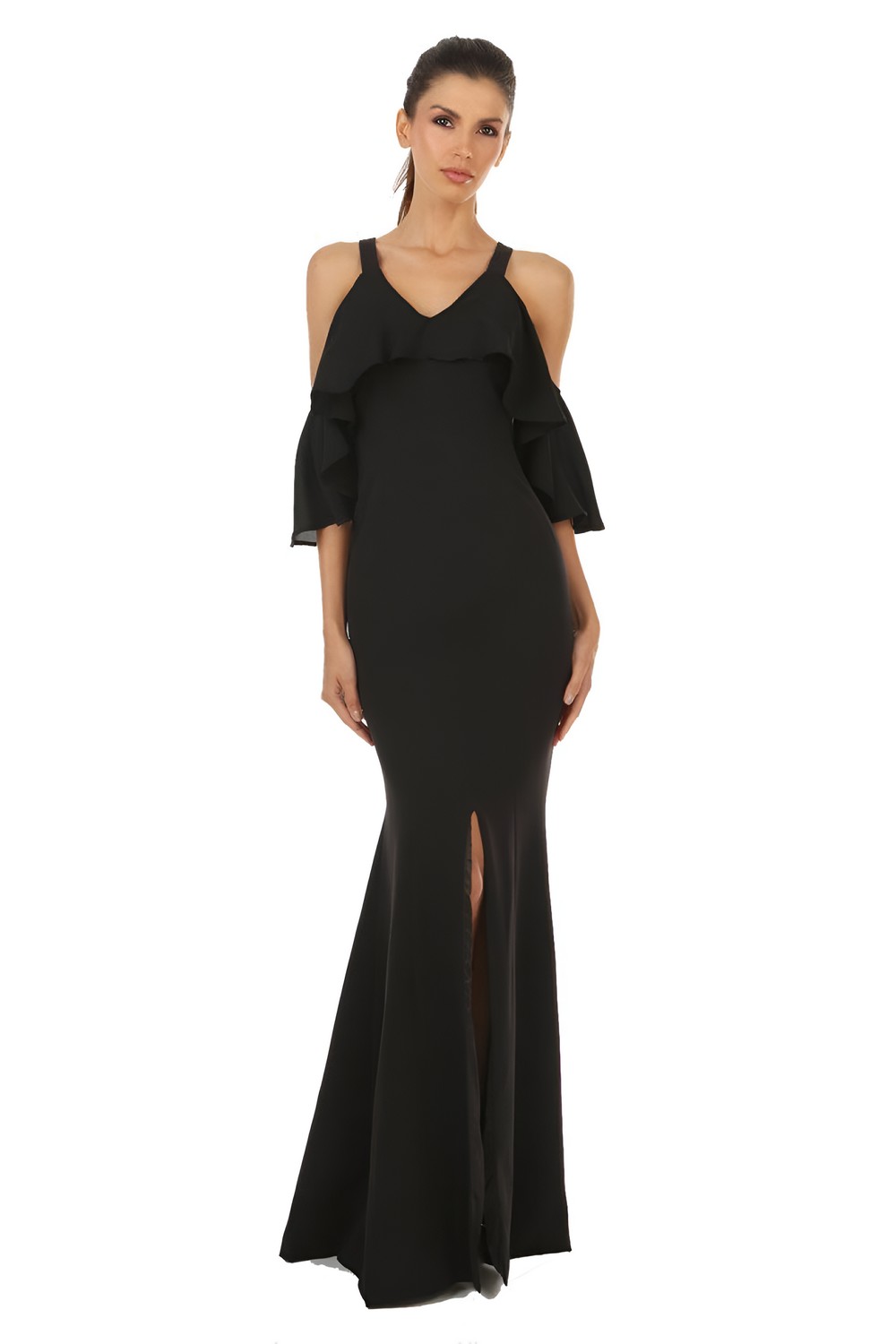 Mongomery Cold Shoulder Crepe Paneled Twill Gown