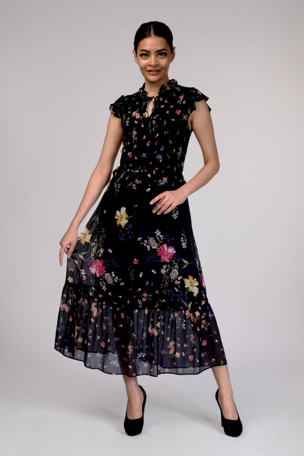 Navy Floral Ruffle Tie Neck Midi Dress