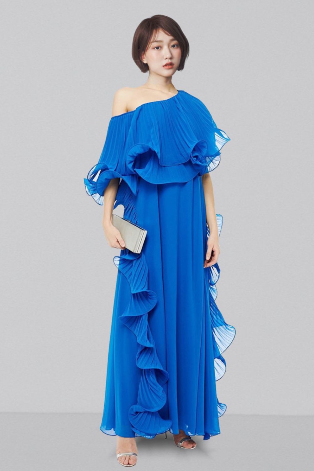 Blue One Shoulder Pleated Georgette Gown