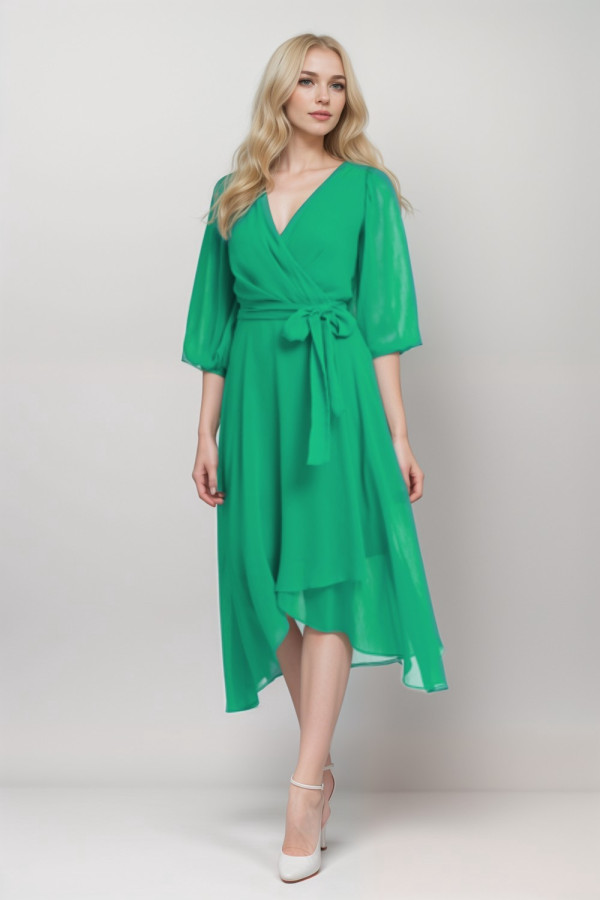 Green Wrap Effect Crepon Dress