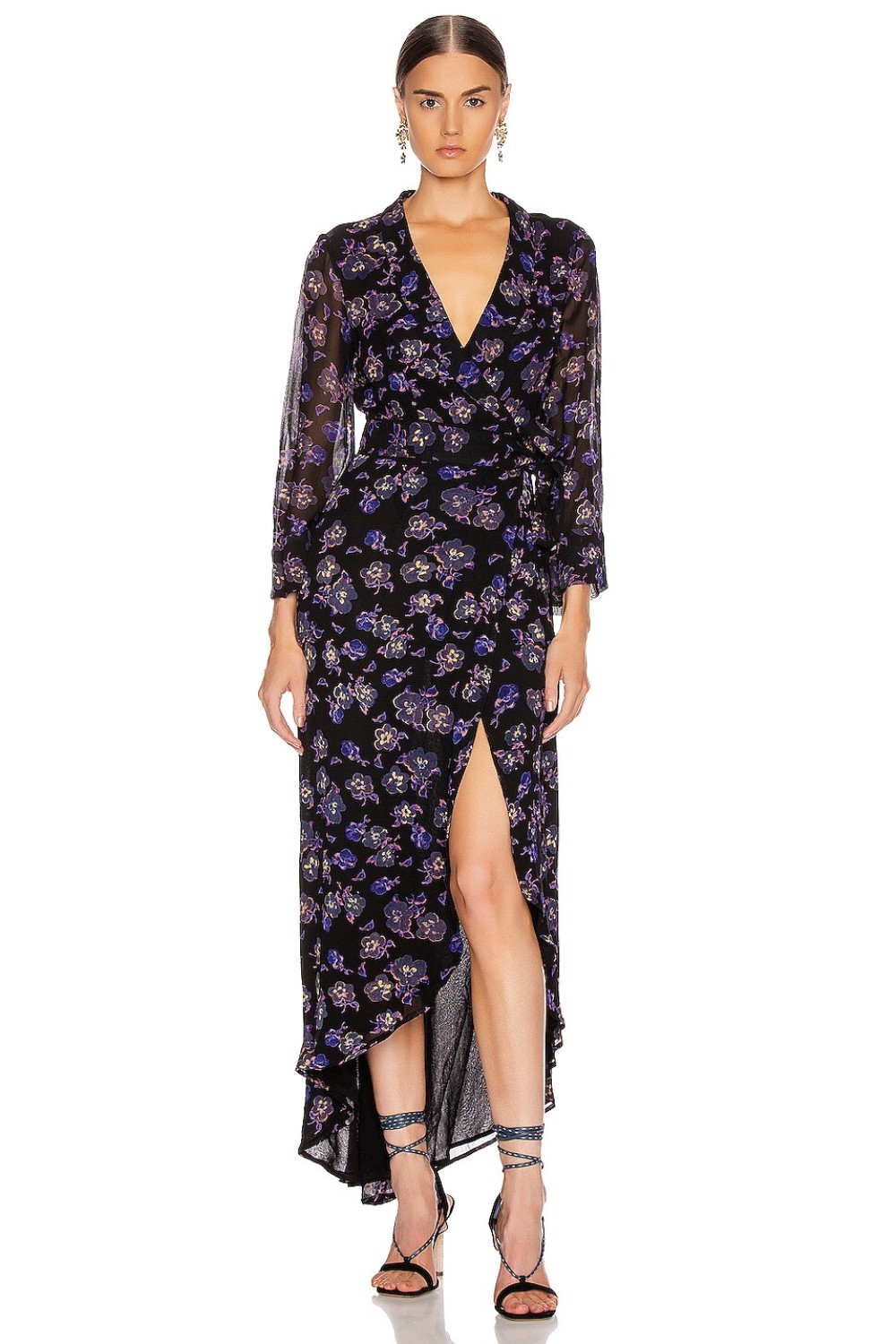 Black Floral Print Georgette Maxi Wrap Dress