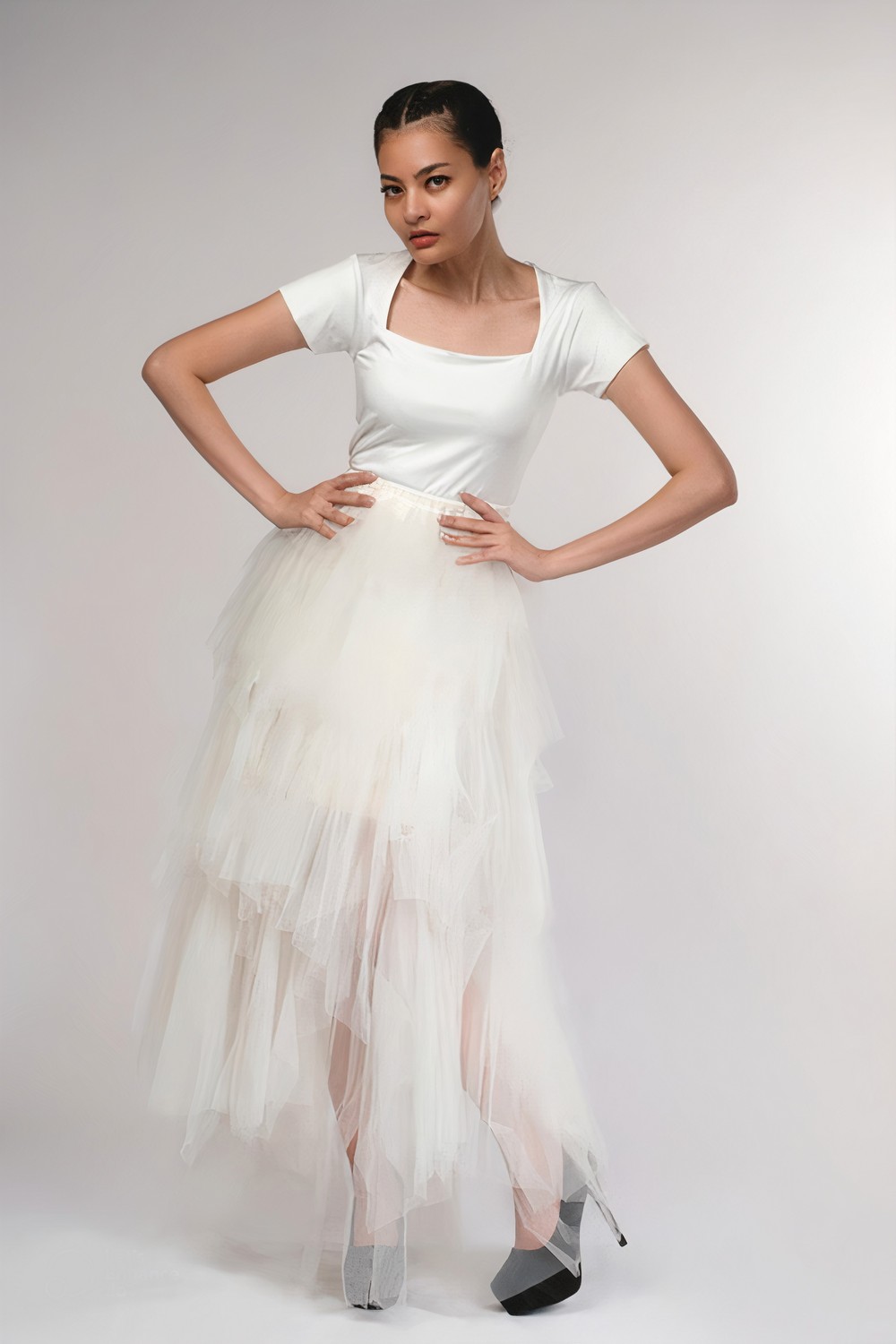 Ruffle Tulle White Skirt