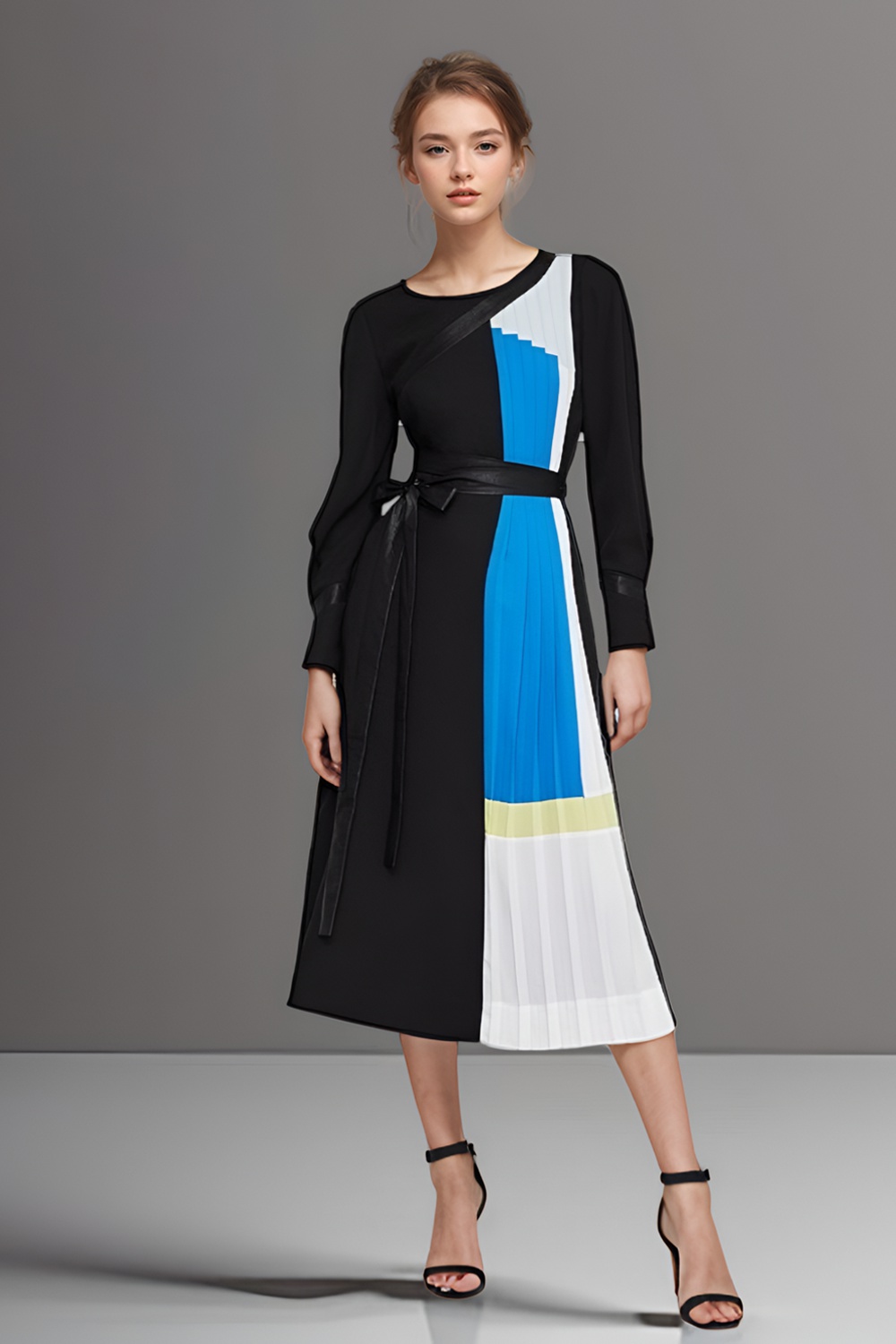 Color Block Knife Pleated Front Black Dress