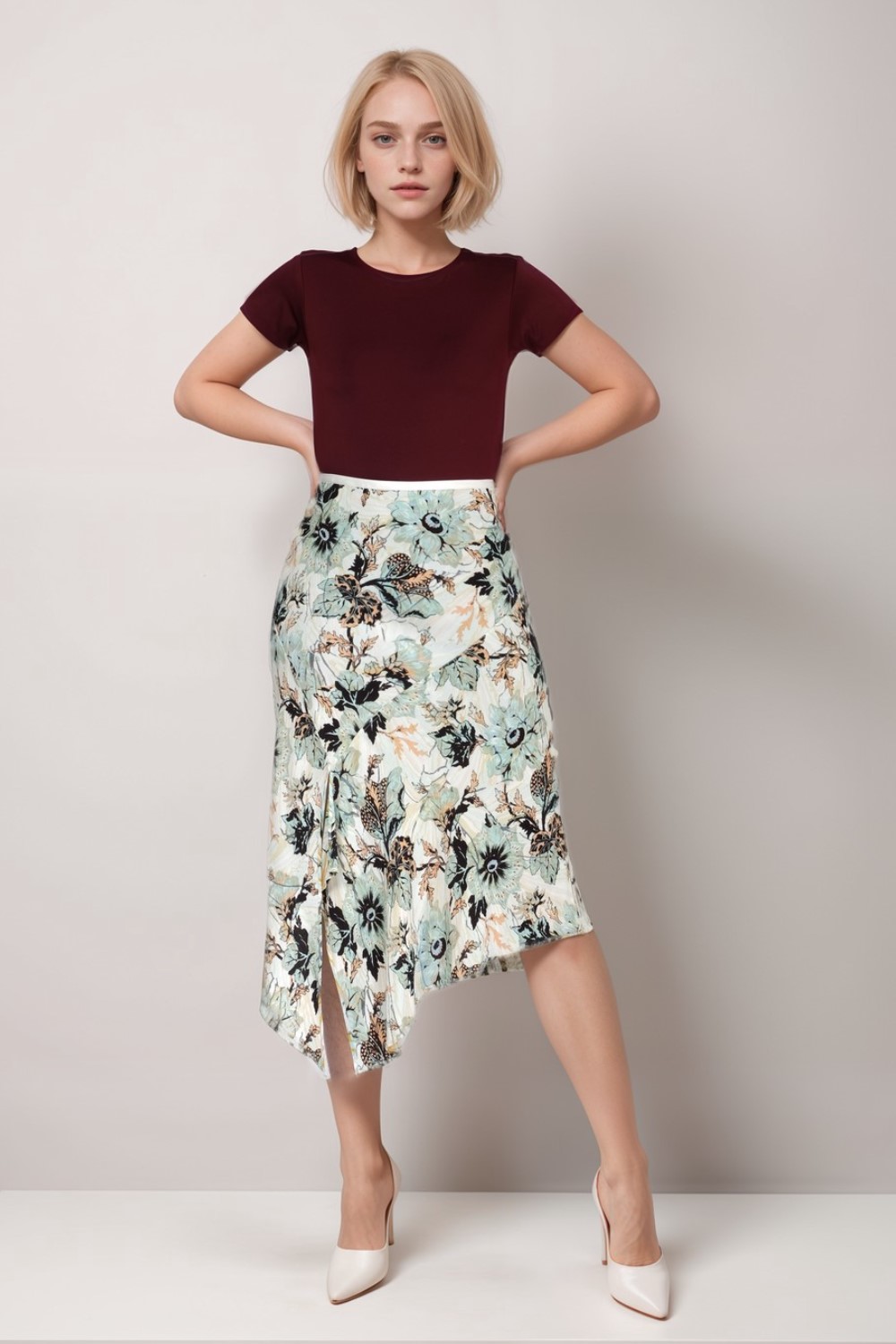 Florence Asymmetric Floral Print Crepe Skirt