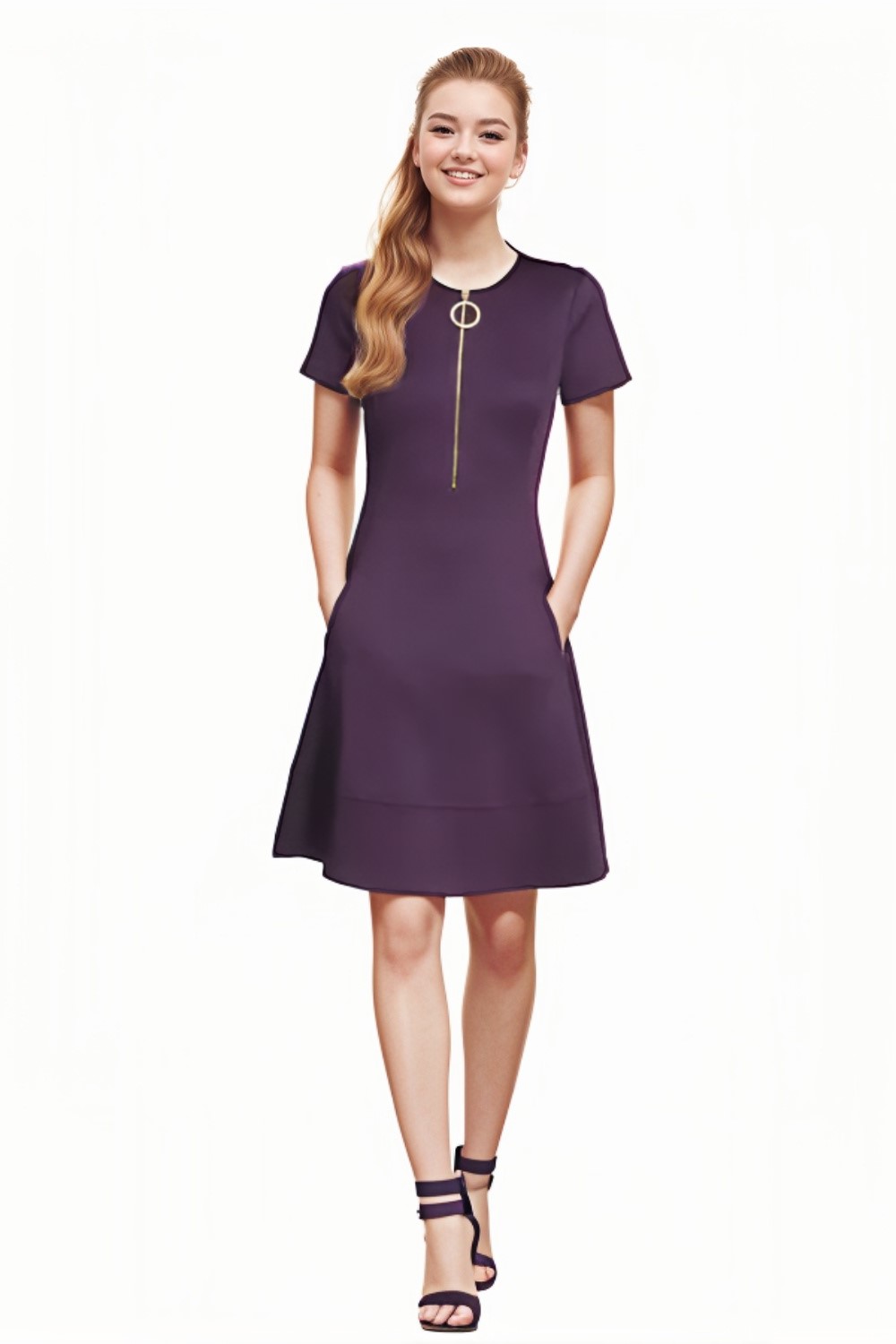 Eggplant Purple Sheath Logo O Ring Zip Front Cocktail Dress