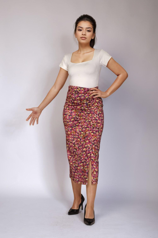 Ruched Side Floral Printed Midi Skirt