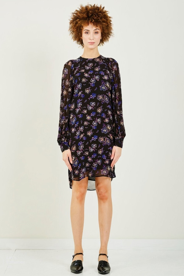 Gathered Floral Print Georgette Dress