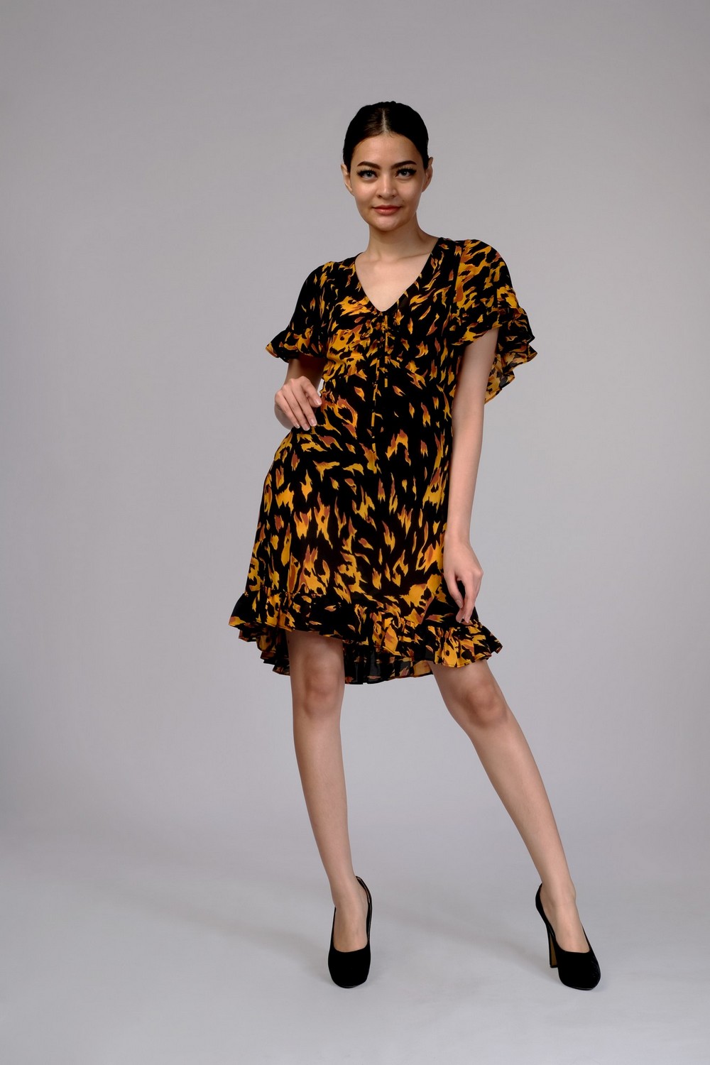 Flame Print Ruffle Tea Dress