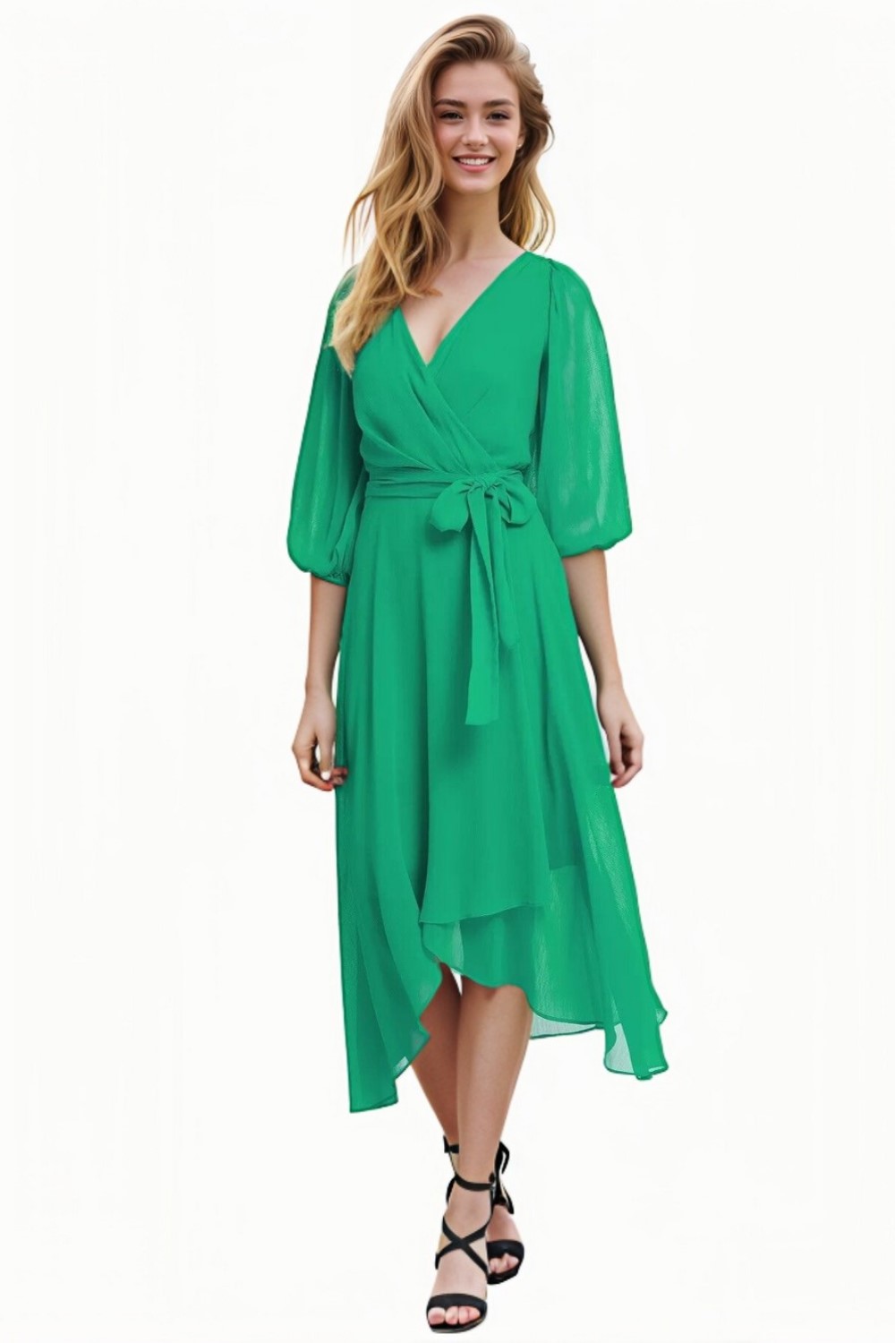 Green Wrap Effect Crepon Dress