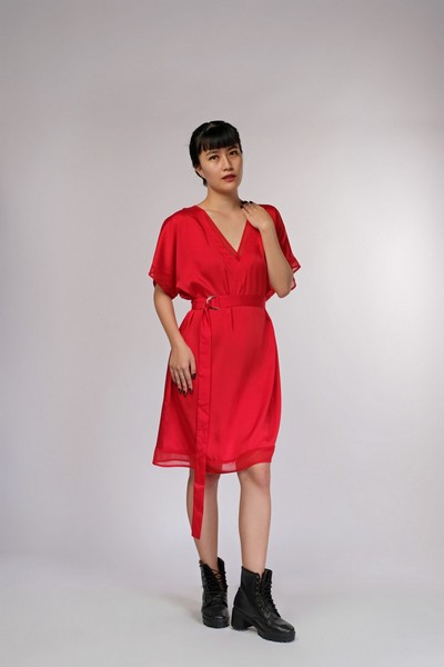 Red Satin Shift Double V-Neck Belted Dress