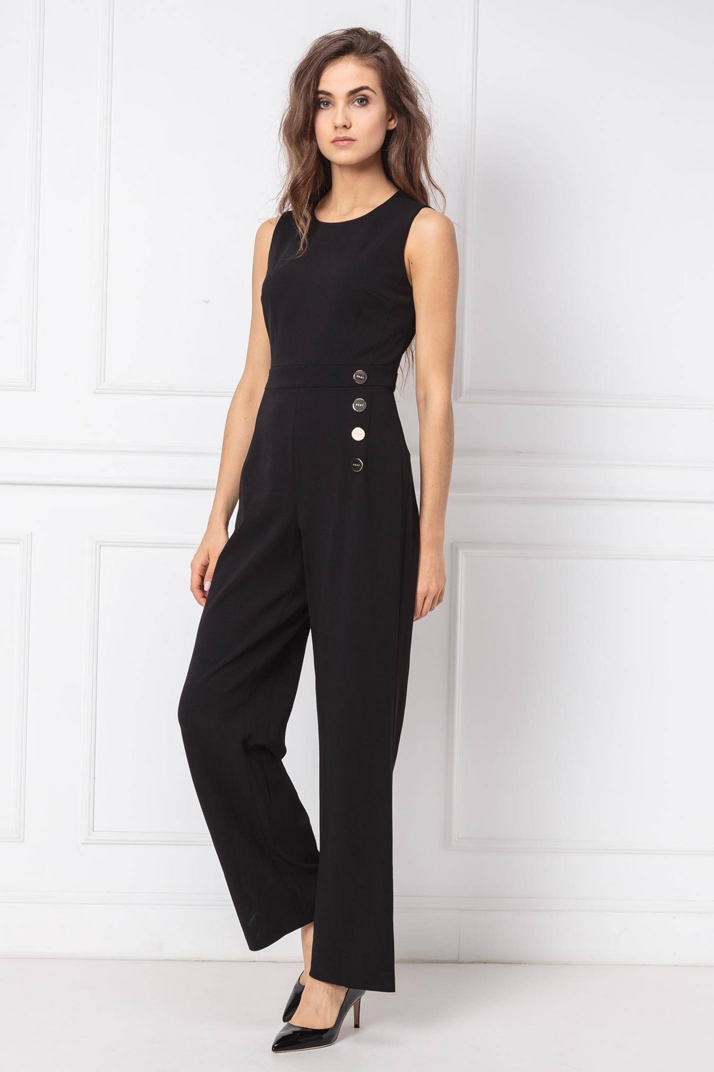 Solid Polyester Flared Fit Women`s Black Jumpsuit