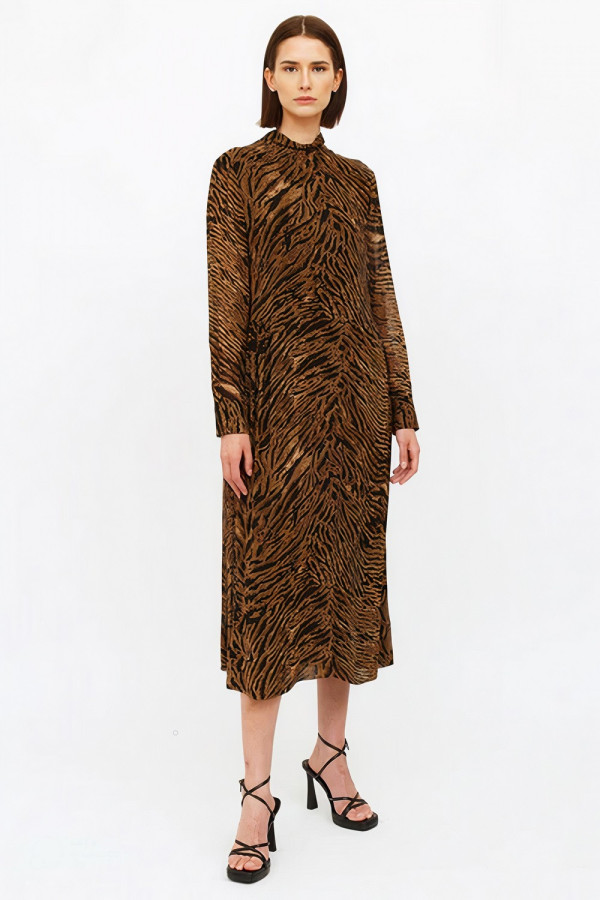 Gathered Tiger Print Georgette Midi Dress