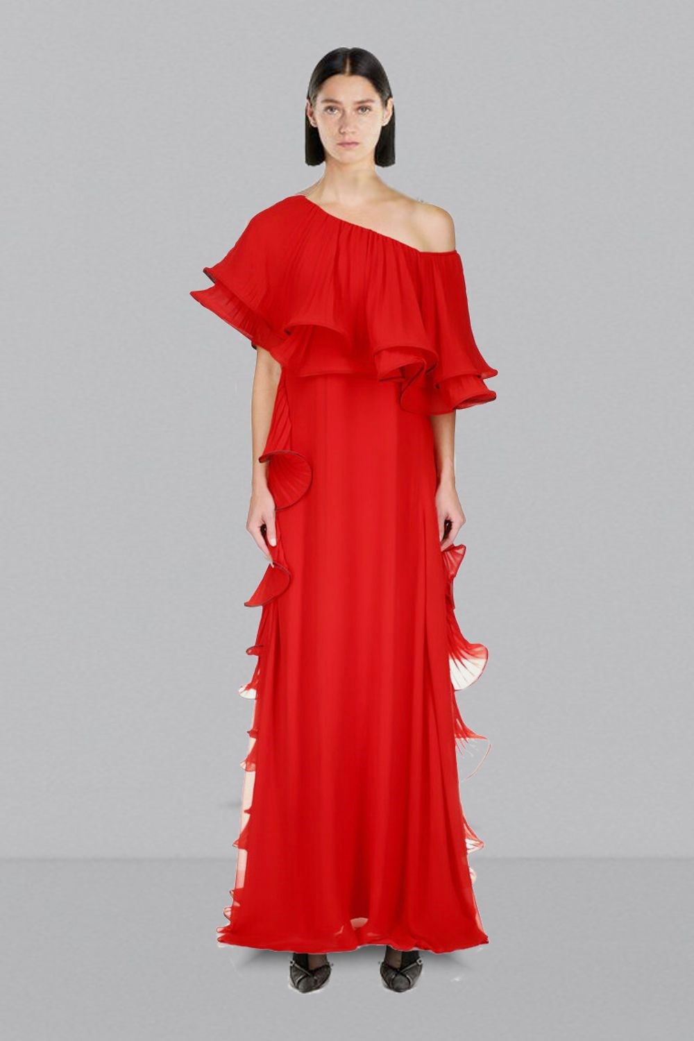 One Shoulder Pleated Ruffle Georgette Gown