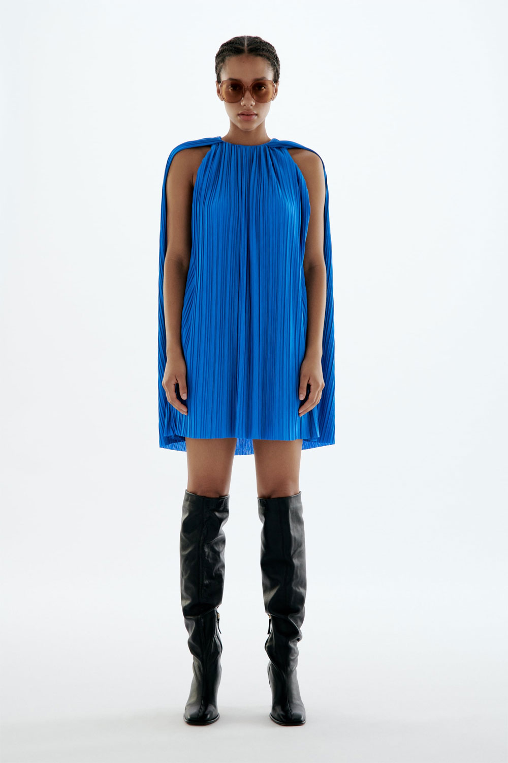 Pleated Cape Blue Dress