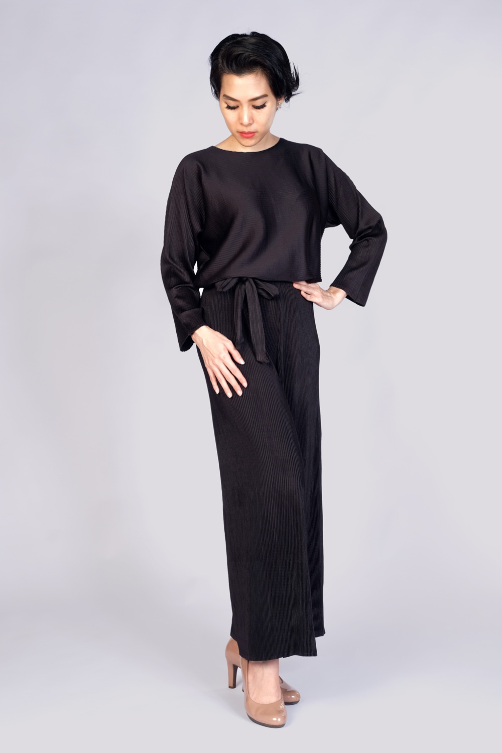 Pleated Jumpsuit with Ribbon