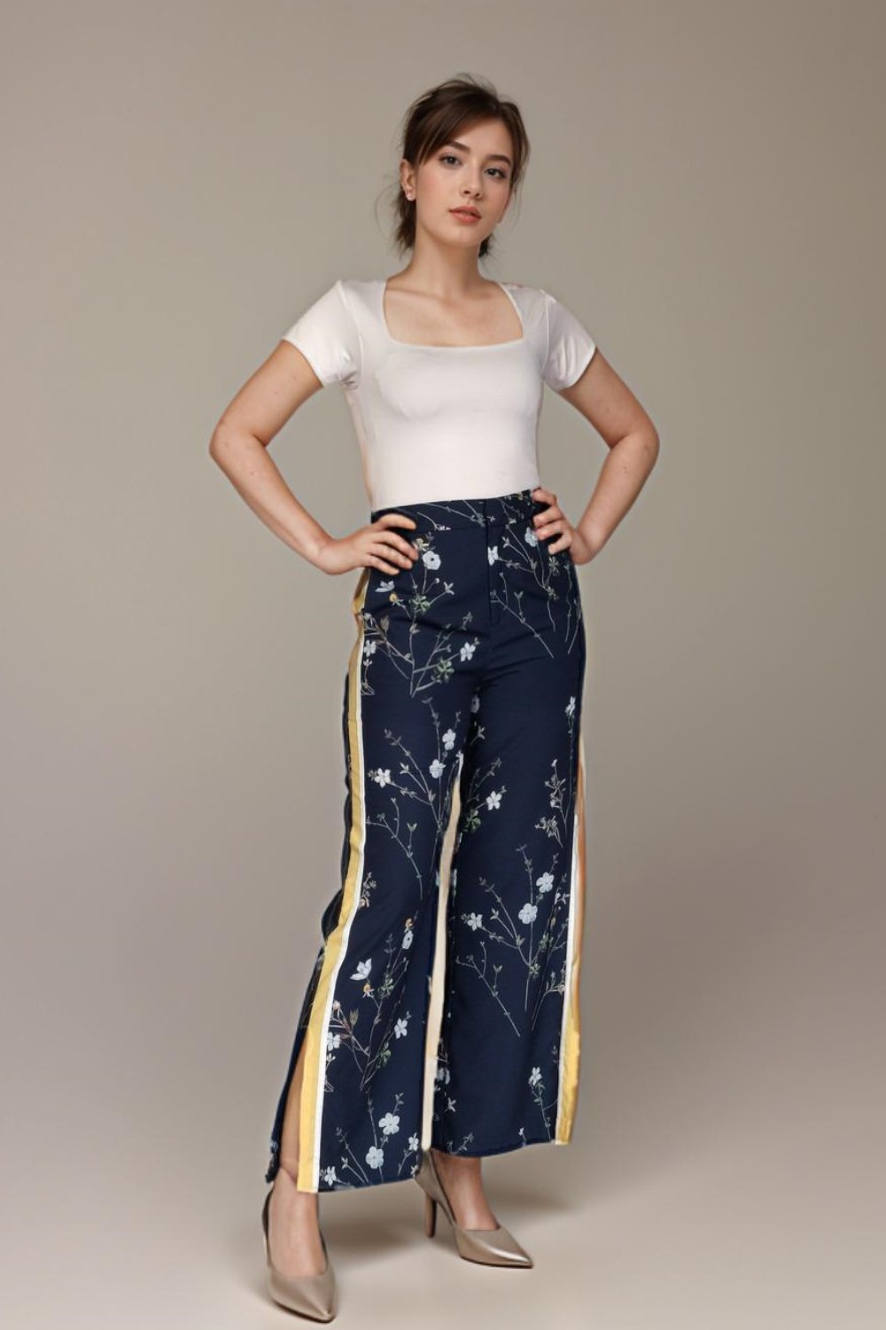 Floral Pants with Yellow Side Line