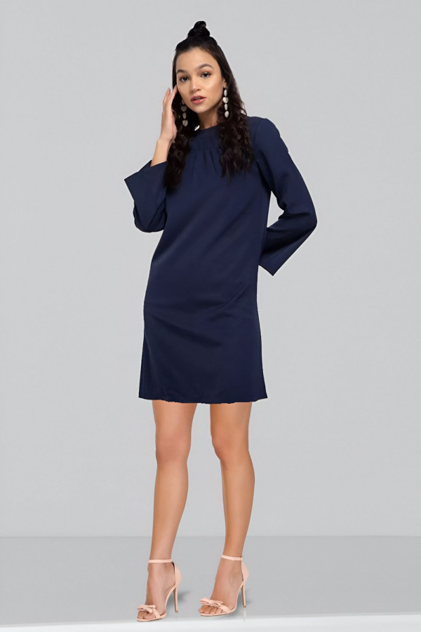 Blue Plain Long Sleeve Dress