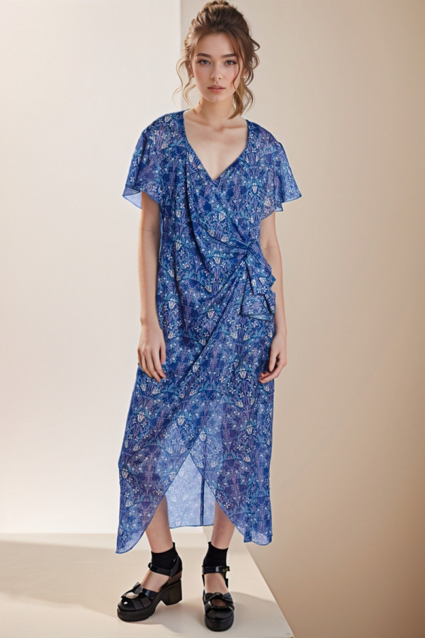 Drapped Metallic Printed Chiffon Dress