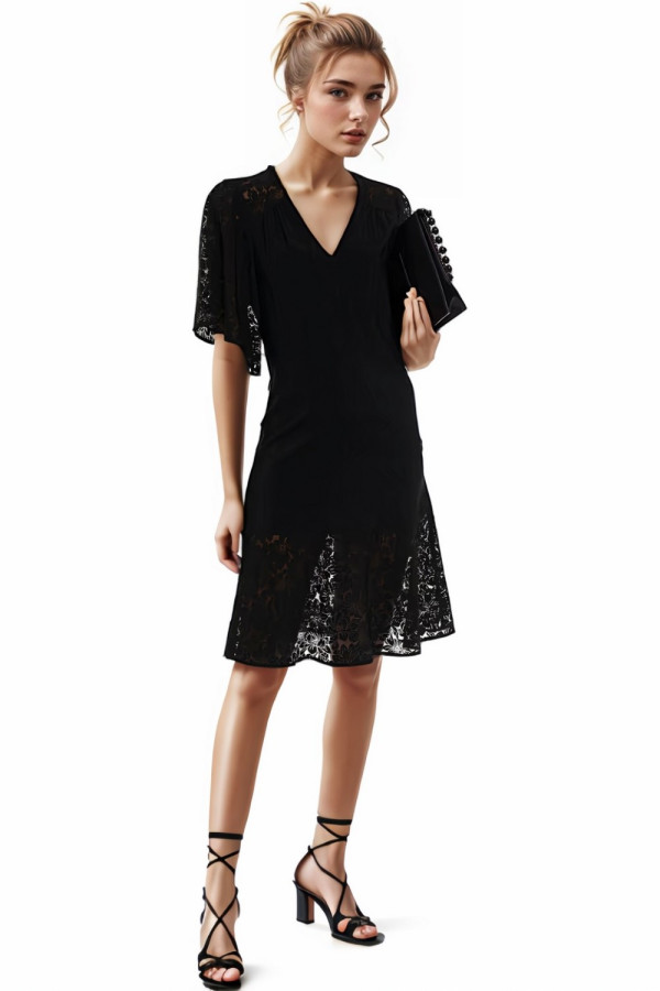 Burnout Organza Paneled Crepe De Chine Dress in Black