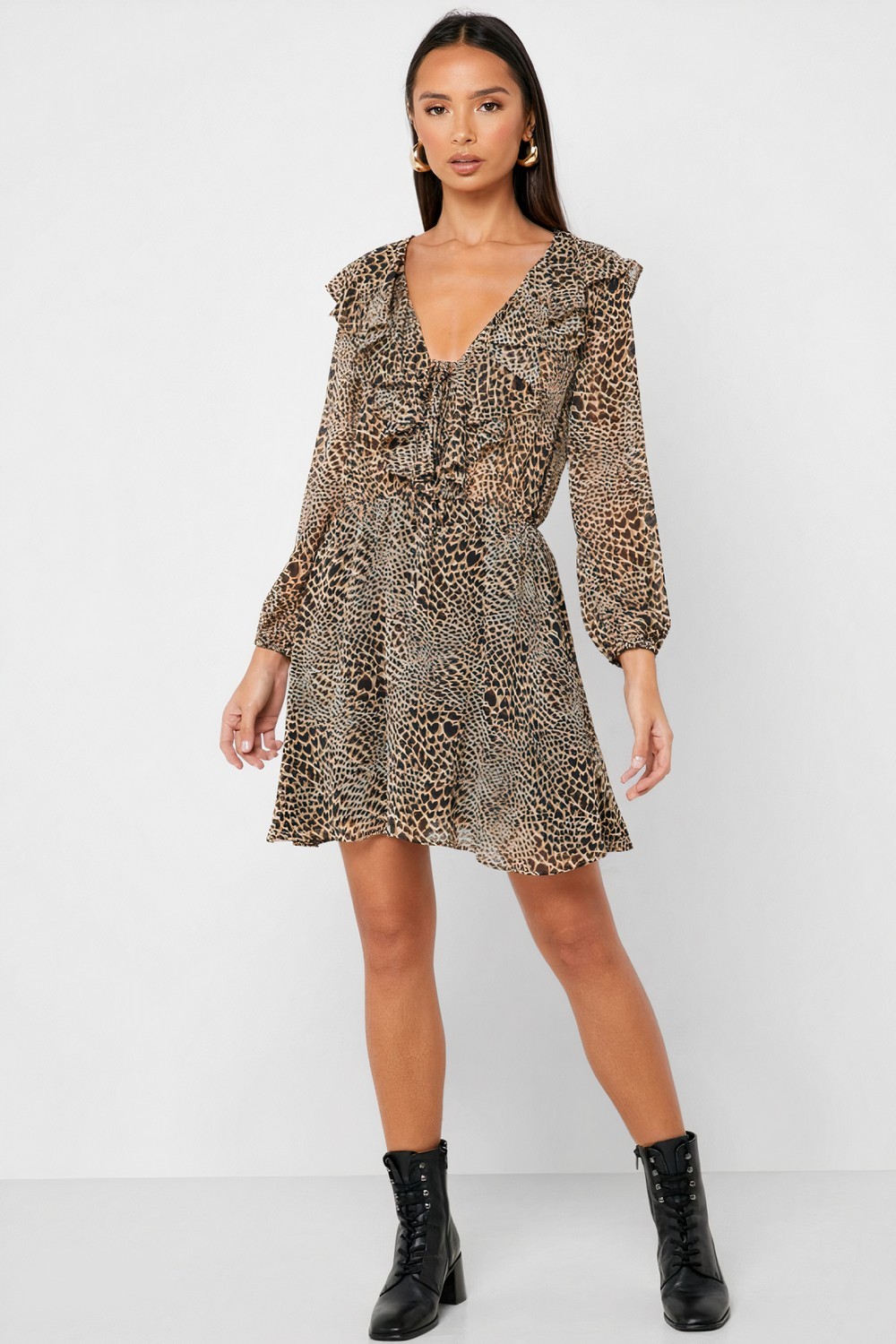 Ruffle Detail Animal Print Dress