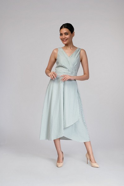 Sleeveless Double-V Fauz Wrap Dress with Belt in Apple Green