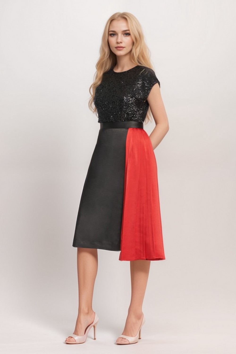 Black/Red Asymmetrical Pleat Color Block A-Line  Skirt