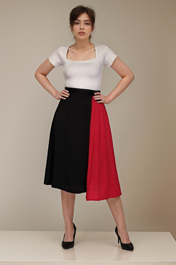 Black/Red Asymmetrical Pleat Color Block A-Line  Skirt