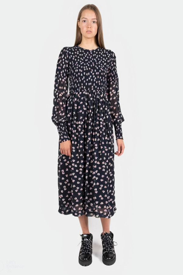 The Vikki Shirred Printed Chiffon Midi Dress Navy