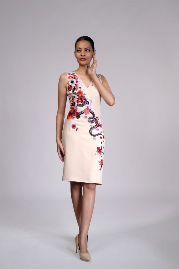 Crystal Embllished Embroidered Crepe Dress