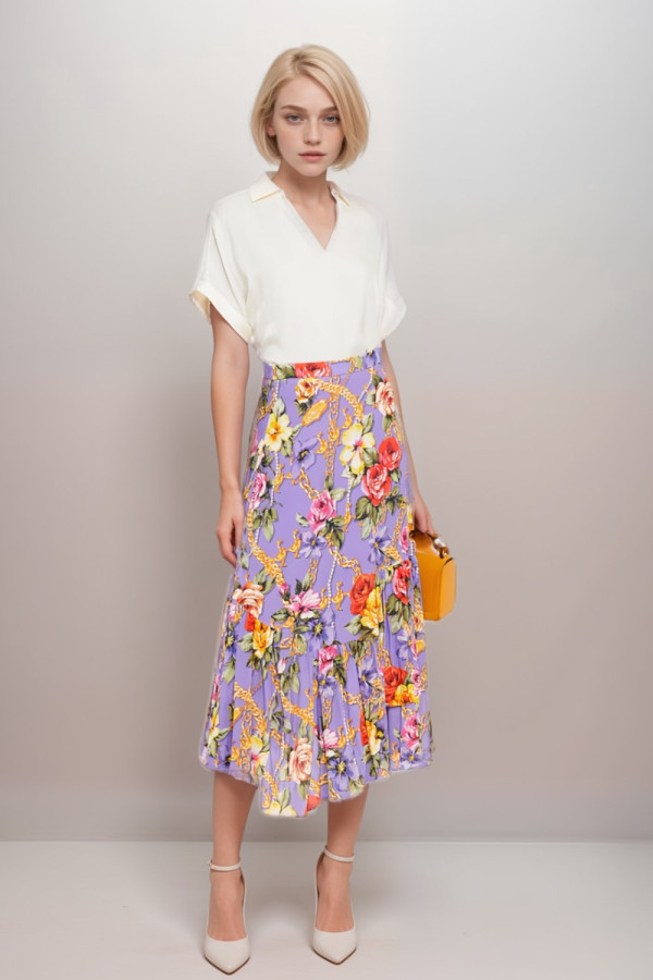 Asymmetric Floral Printed Midi Skirt