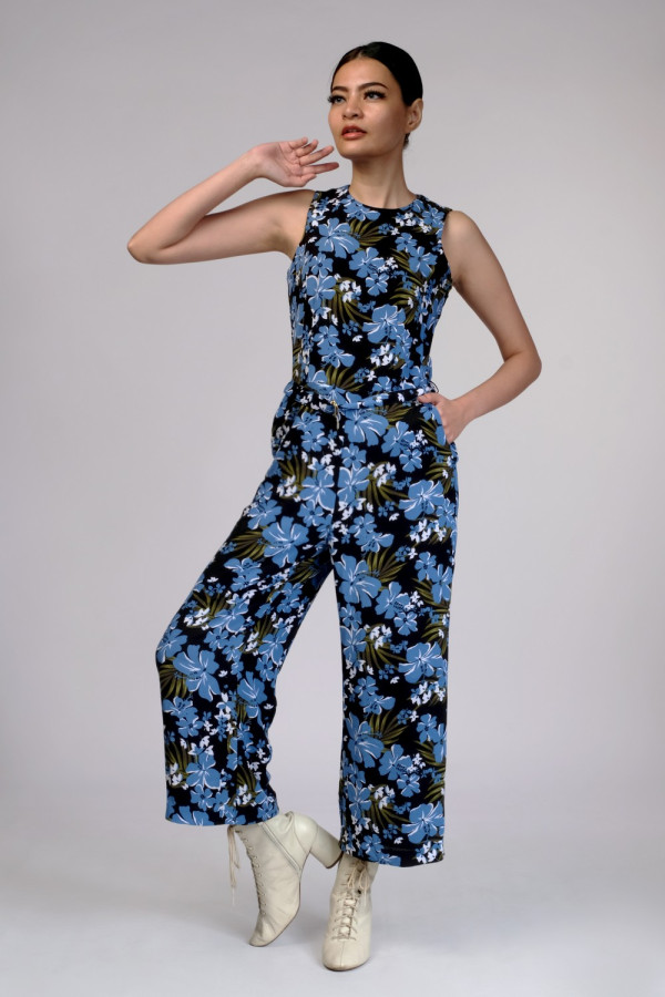 Floral Printed Crepe Sleeveless Jumpsuit