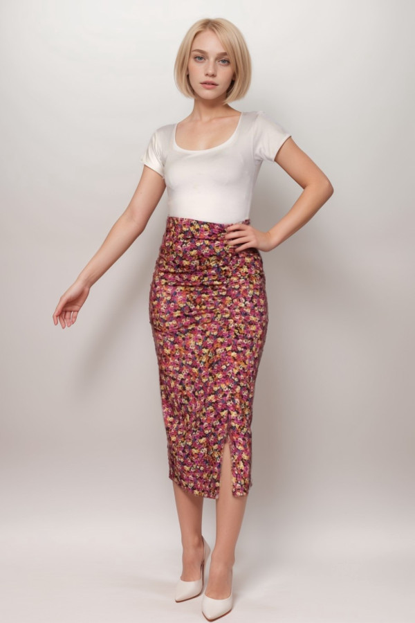 Ruched Side Floral Printed Midi Skirt