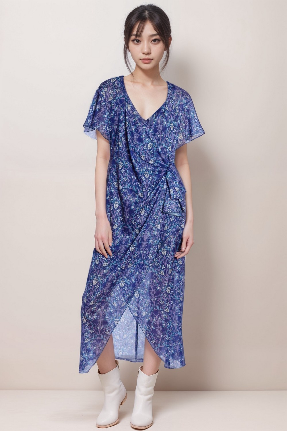 Drapped Metallic Printed Chiffon Dress