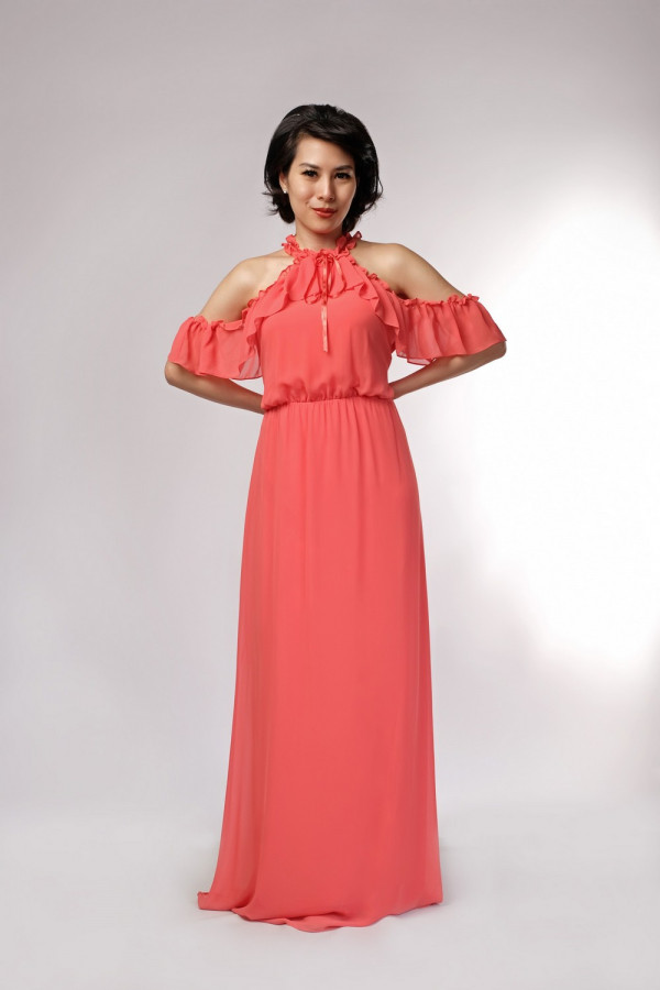 Spiced Coral Tracie Ruffle Cold Shoulder Chiffon Maxi Dress