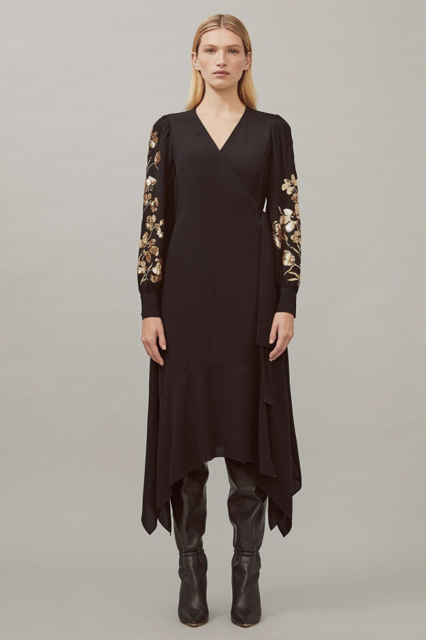 Embllished Crepe Midi Wrap Dress