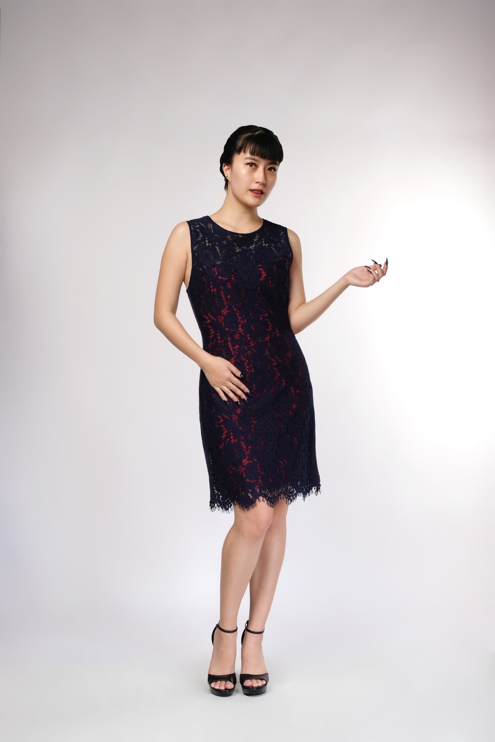 Navy Lace With Red Lining Length Dress