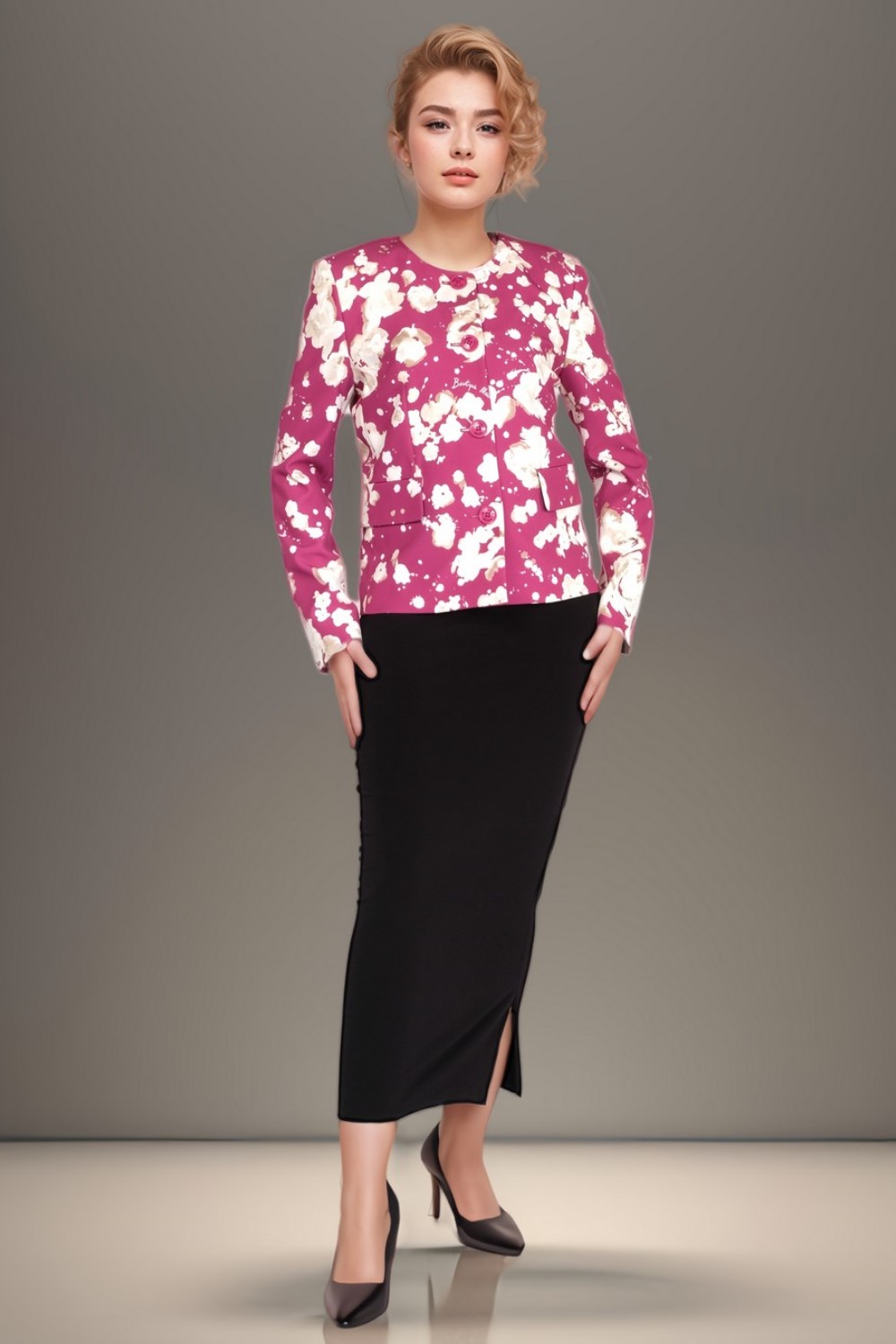 Floral Print Stretch Crepe Jacket