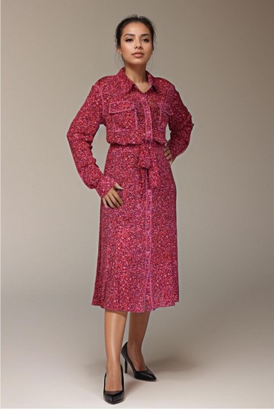 Pink Printed Mesh Button Front Belted